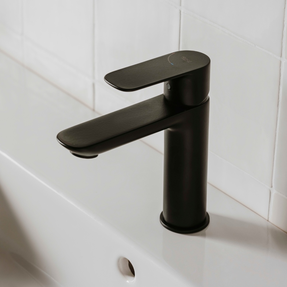 Close up image of the Roca Cala Matt Black Basin Mixer Tap